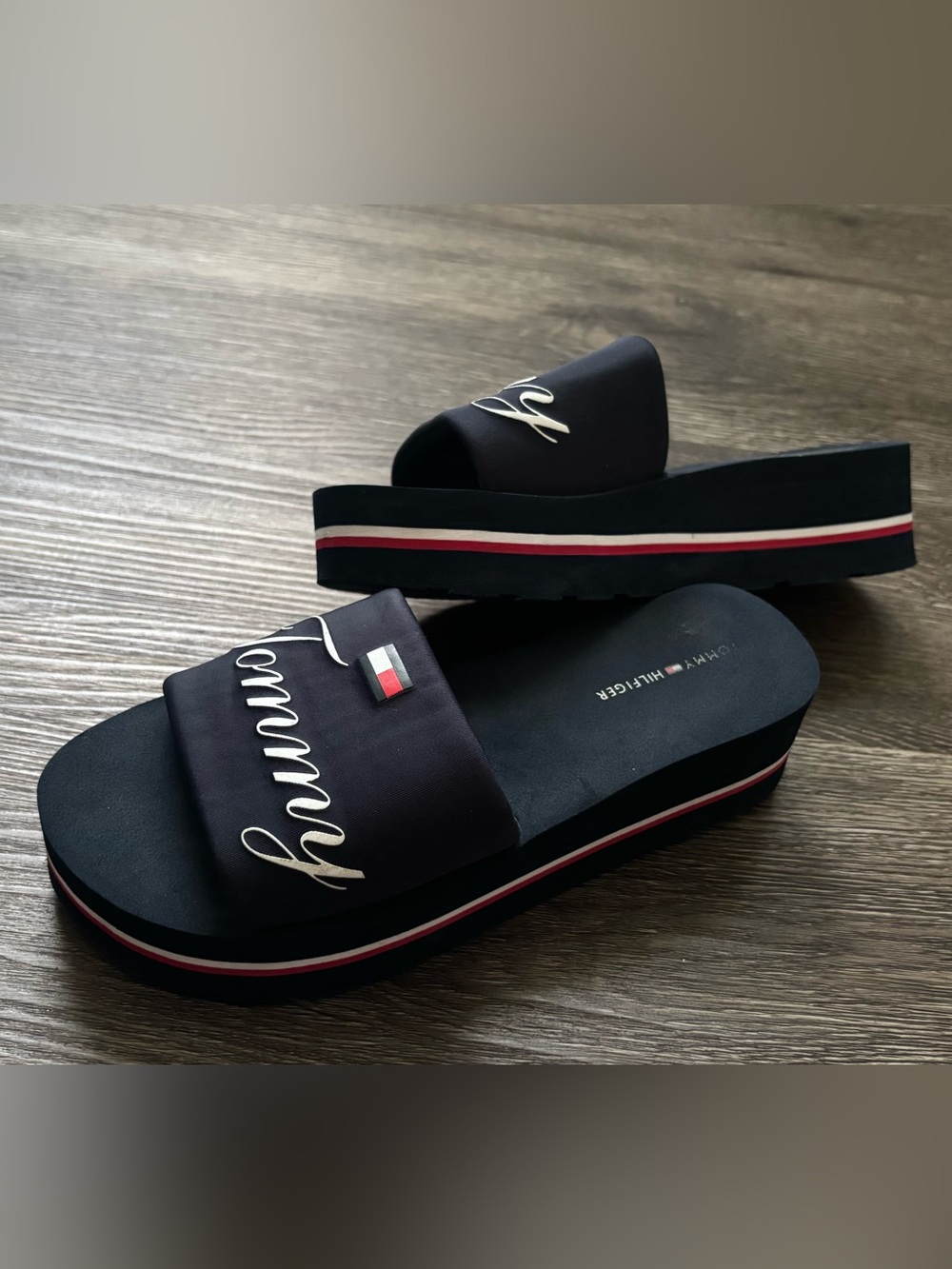 Tommy Hilfiger Navy Slide Platform Sandals with Red & White Stripe Detail